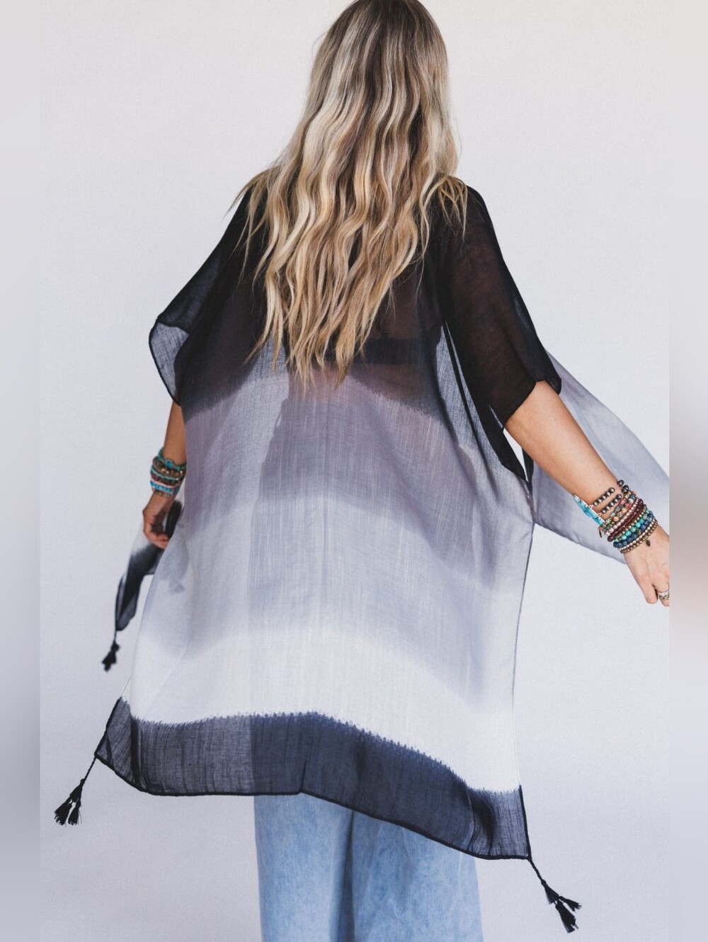 Sheer Ombre Black-to-White Kimono. Cover-Up. Womans One Size Fits Most,up To 2X